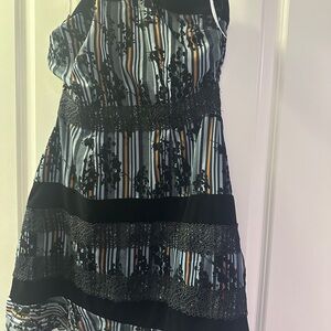 Anthropology- Foxiedox Elegant Striped Black and Blue Halter Dress